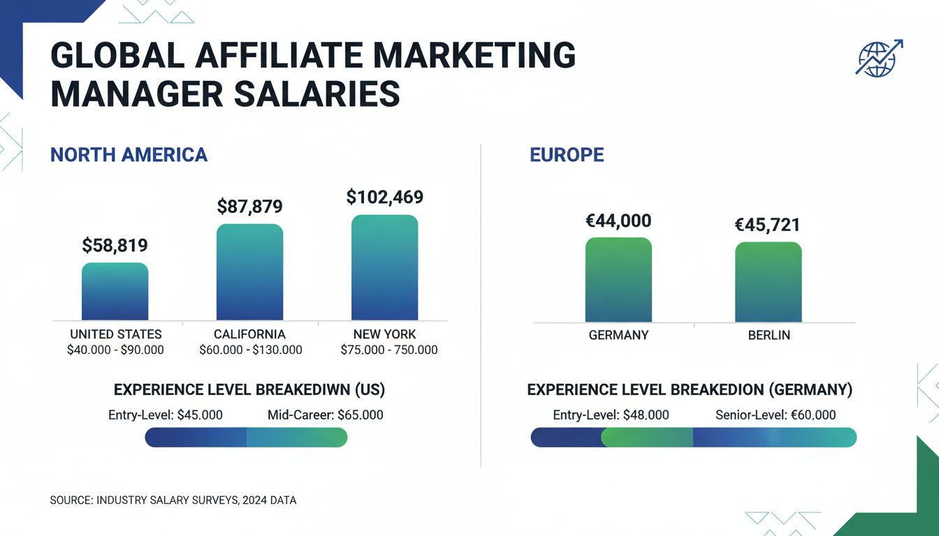 Gráfico comparativo de salarios de gerentes de marketing de afiliados mostrando sueldos promedio en Estados Unidos, California, Alemania y Berlín con visualización de datos