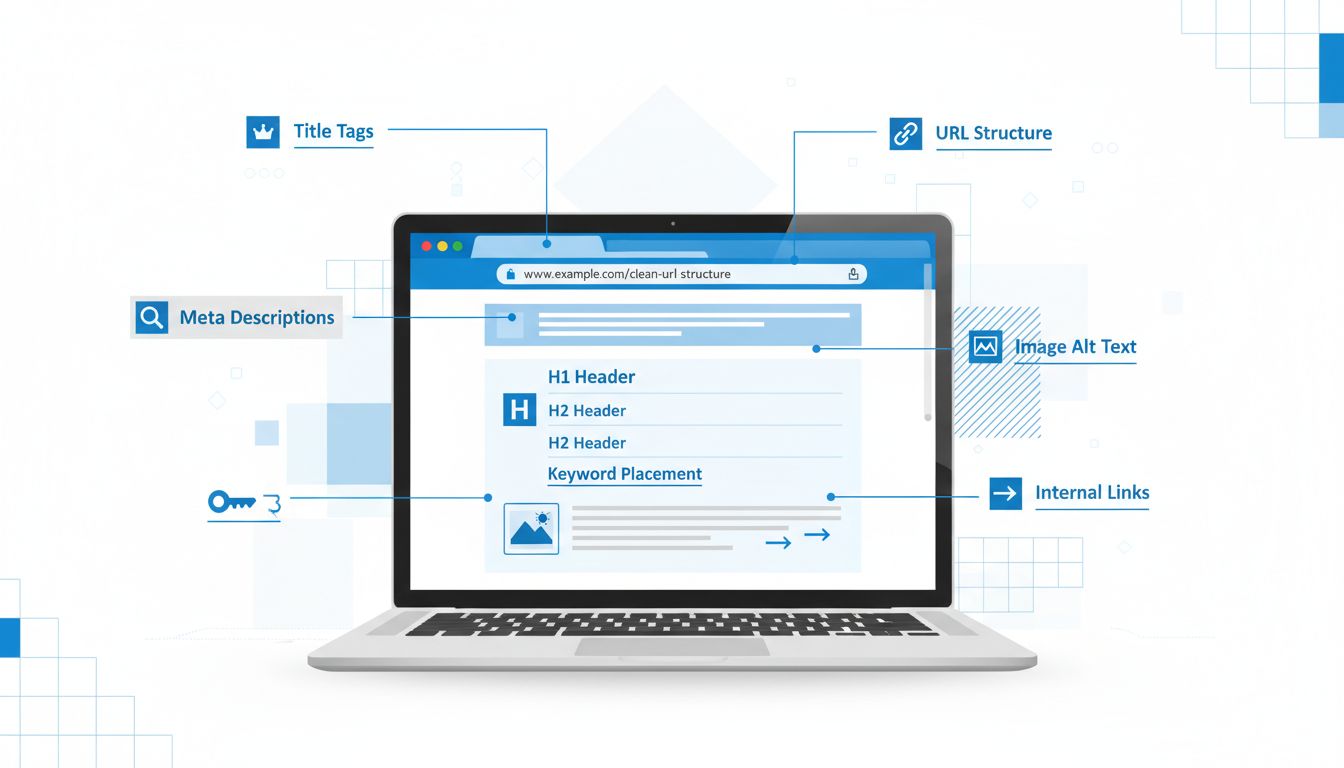 Elementos de optimización SEO on-page incluyendo etiquetas de título, meta descripciones, encabezados, colocación de palabras clave, estructura de URL, enlaces internos y texto alternativo de imagen mostrados en la pantalla de una laptop