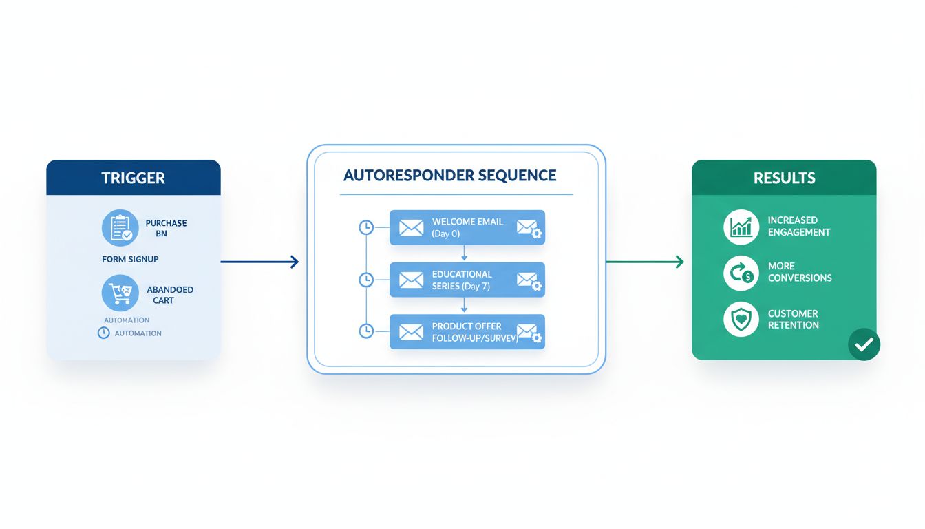 Diagrama del flujo de trabajo de un autoresponder mostrando desencadenante, secuencia automatizada y resultados