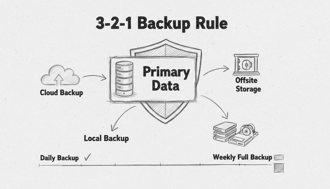 Diagrama dibujado a mano que muestra la regla 3-2-1 de copias de seguridad con datos primarios, copia en la nube, almacenamiento externo y ubicaciones de respaldo local