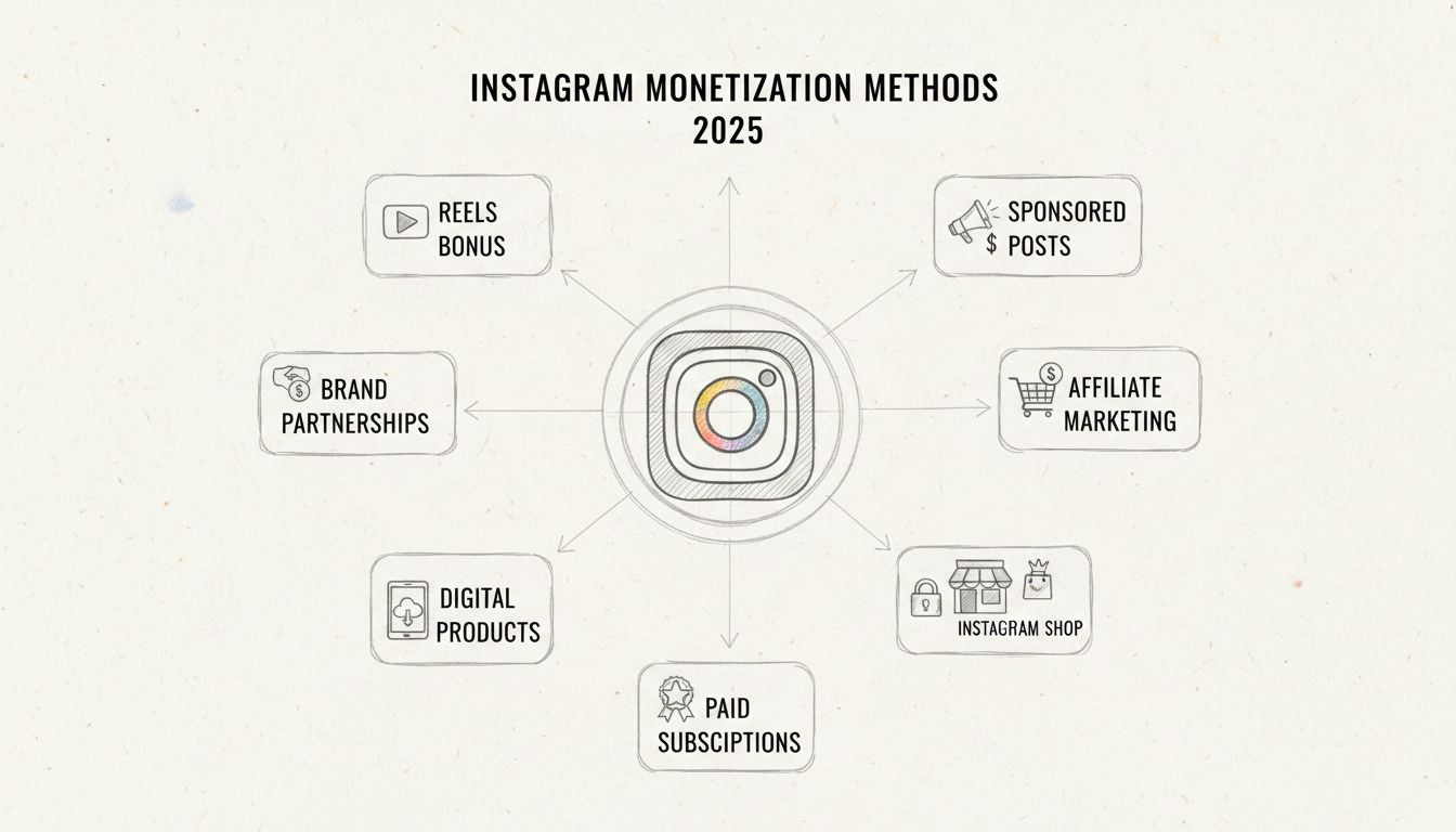 Diagrama de métodos de monetización de Instagram mostrando 8 fuentes de ingresos diferentes conectadas al logo central de Instagram