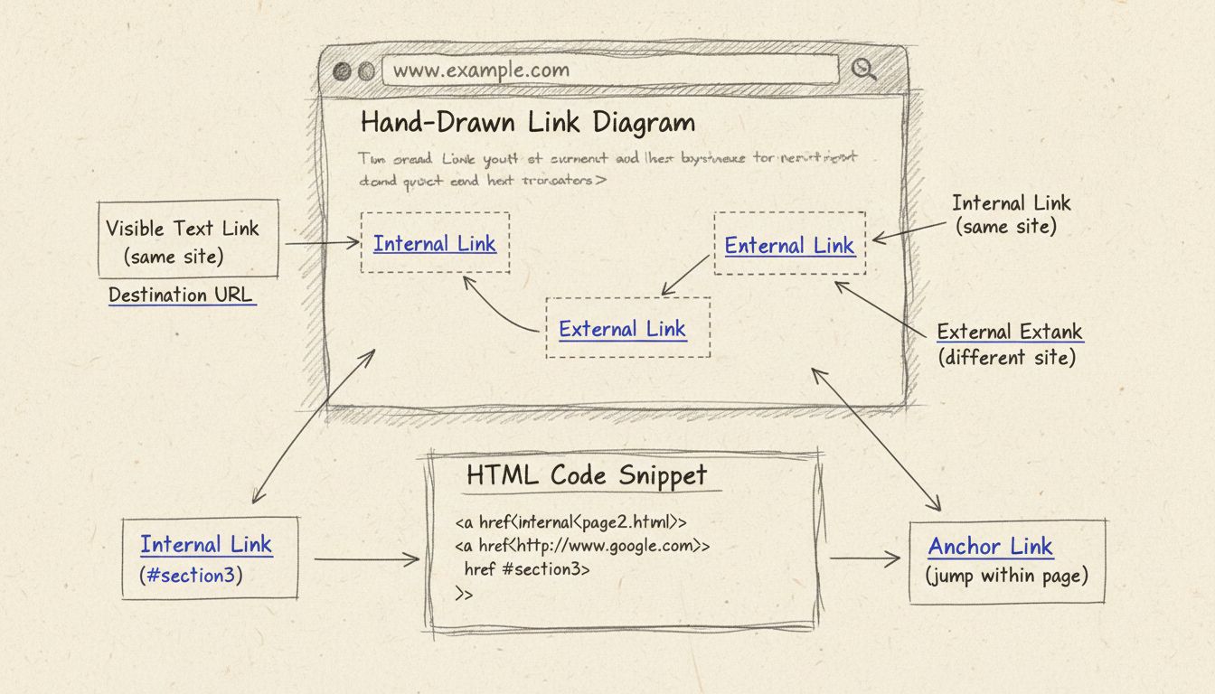Diagrama dibujado a mano que muestra la estructura de enlaces de texto visible con código HTML, ejemplos de enlaces internos, externos y de anclaje
