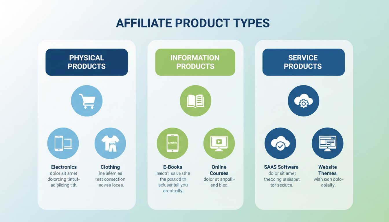 Infografía que muestra diferentes tipos de productos de afiliados, incluyendo productos físicos, productos de información y productos de servicios con íconos y categorías