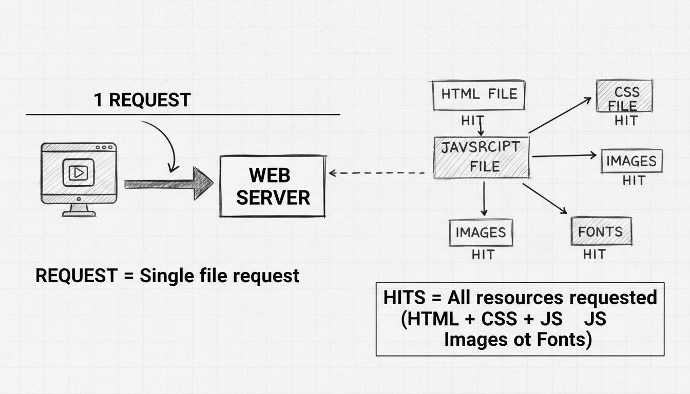 Diagrama que muestra la diferencia entre solicitudes HTTP y hits, con una sola solicitud desglosándose en múltiples hits para HTML, CSS, JavaScript, imágenes y fuentes