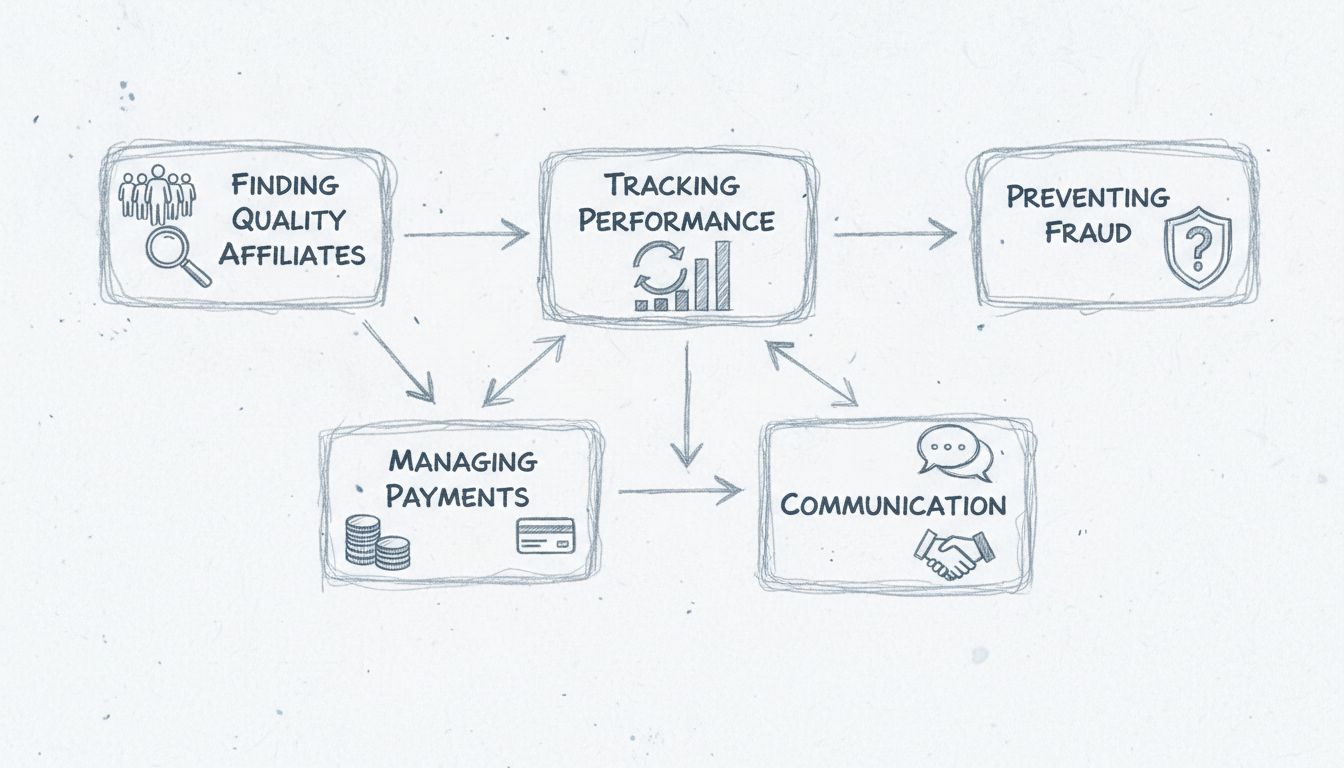 Diagrama de desafíos en el marketing de afiliados que muestra encontrar afiliados de calidad, seguimiento del rendimiento, prevención de fraude, gestión de pagos y comunicación