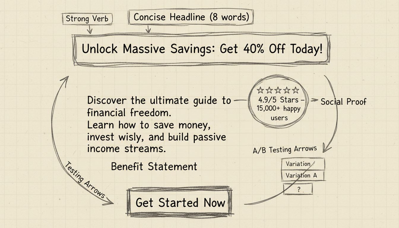 Diagrama hecho a mano mostrando la anatomía del copy afiliado de alta conversión con anotaciones para titulares concisos, verbos fuertes, números, declaraciones de beneficios, prueba social y llamados a la acción claros