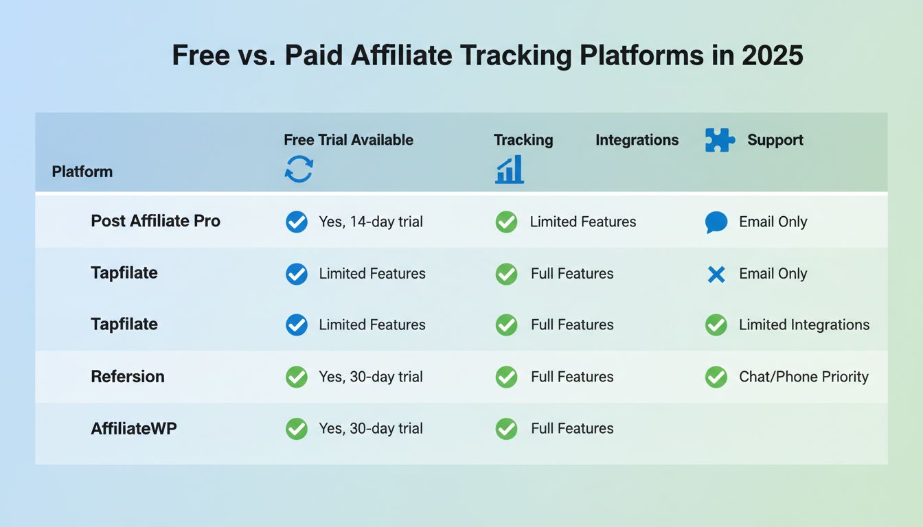 Gráfico comparativo de plataformas de seguimiento de afiliados con prueba gratuita mostrando funciones y períodos de prueba