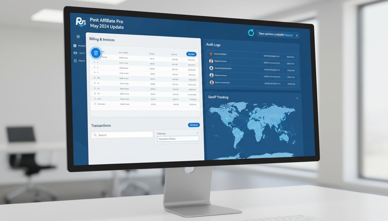 Panel de Post Affiliate Pro mostrando notificación de recarga, registros de auditoría, seguimiento GeoIP y funciones de filtrado de transacciones