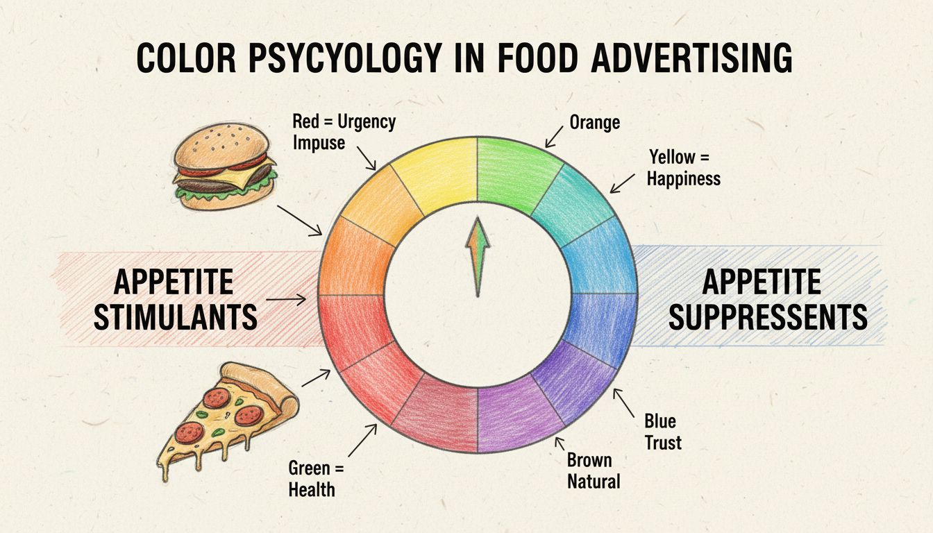 Diagrama de psicología del color mostrando colores cálidos para estimular el apetito y colores fríos para suprimirlo en la publicidad de alimentos