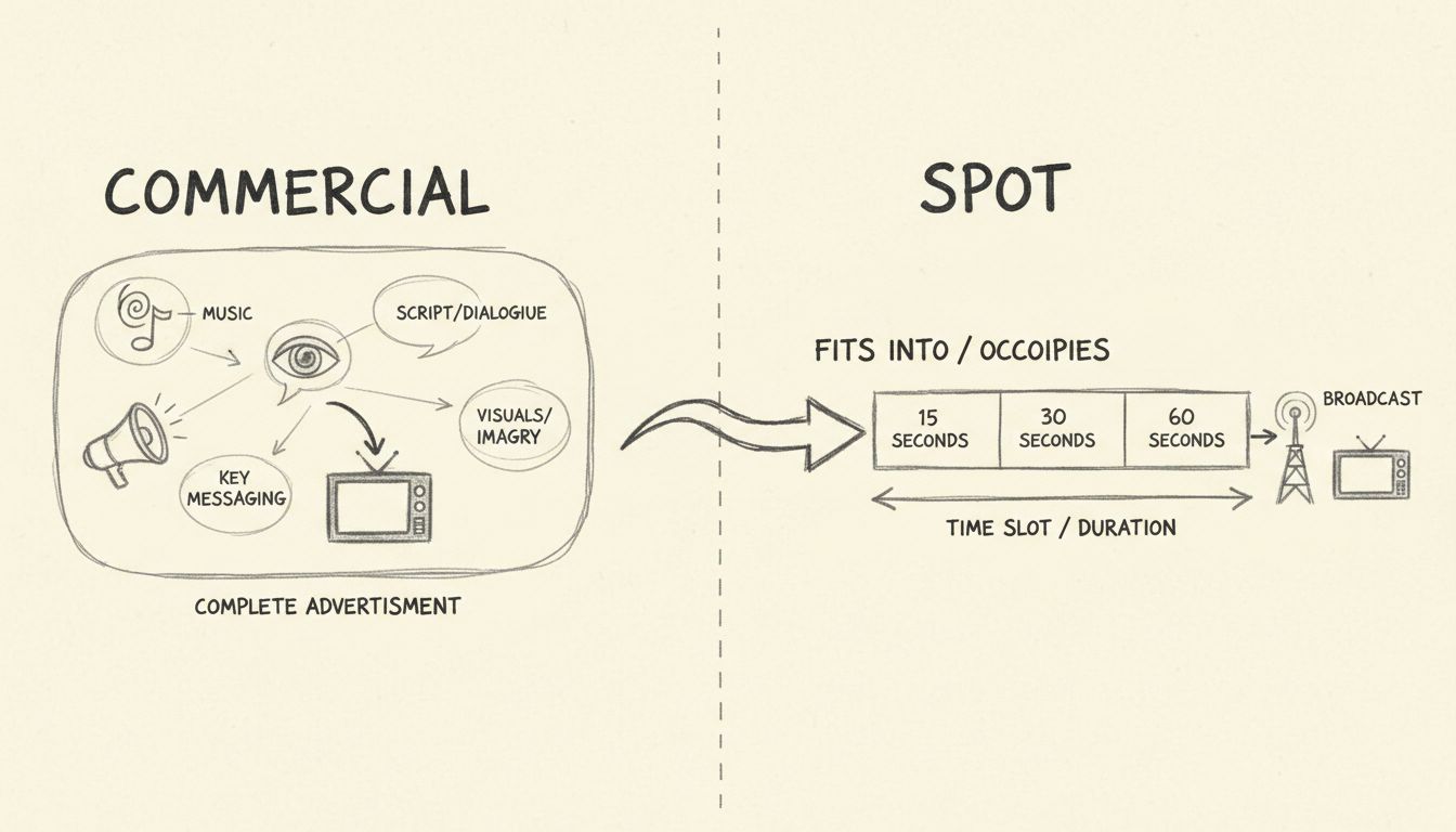 Diagrama que muestra la diferencia entre un comercial y un spot en la publicidad