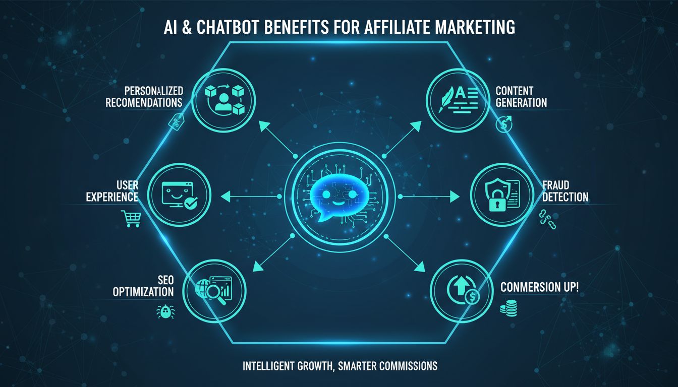 Infografía sobre los beneficios de la IA y los chatbots para el marketing de afiliados mostrando generación de contenido, recomendaciones personalizadas, experiencia de usuario, optimización SEO, analíticas, detección de fraude y aumento de conversiones