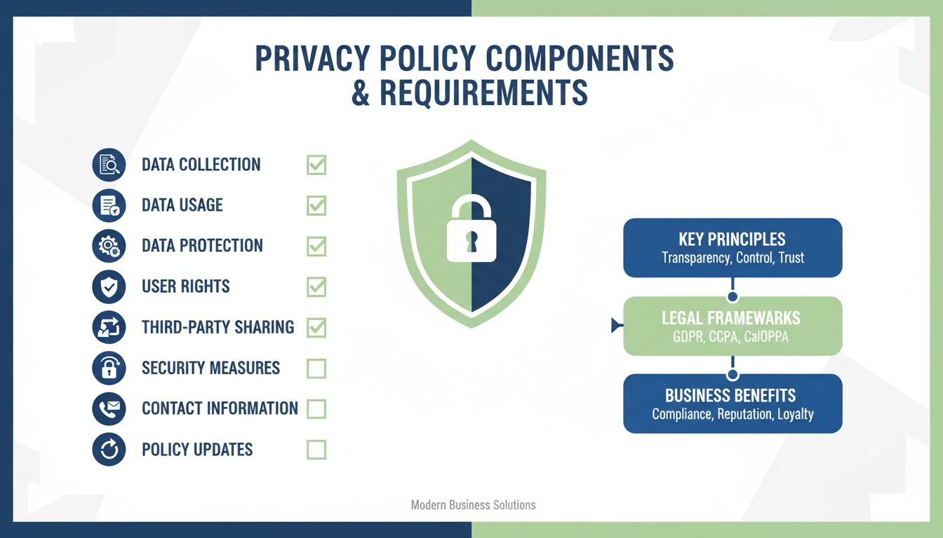 Infografía de componentes de la política de privacidad que muestra recopilación de datos, uso, protección, derechos de usuario, compartición con terceros, medidas de seguridad, información de contacto y actualizaciones de la política