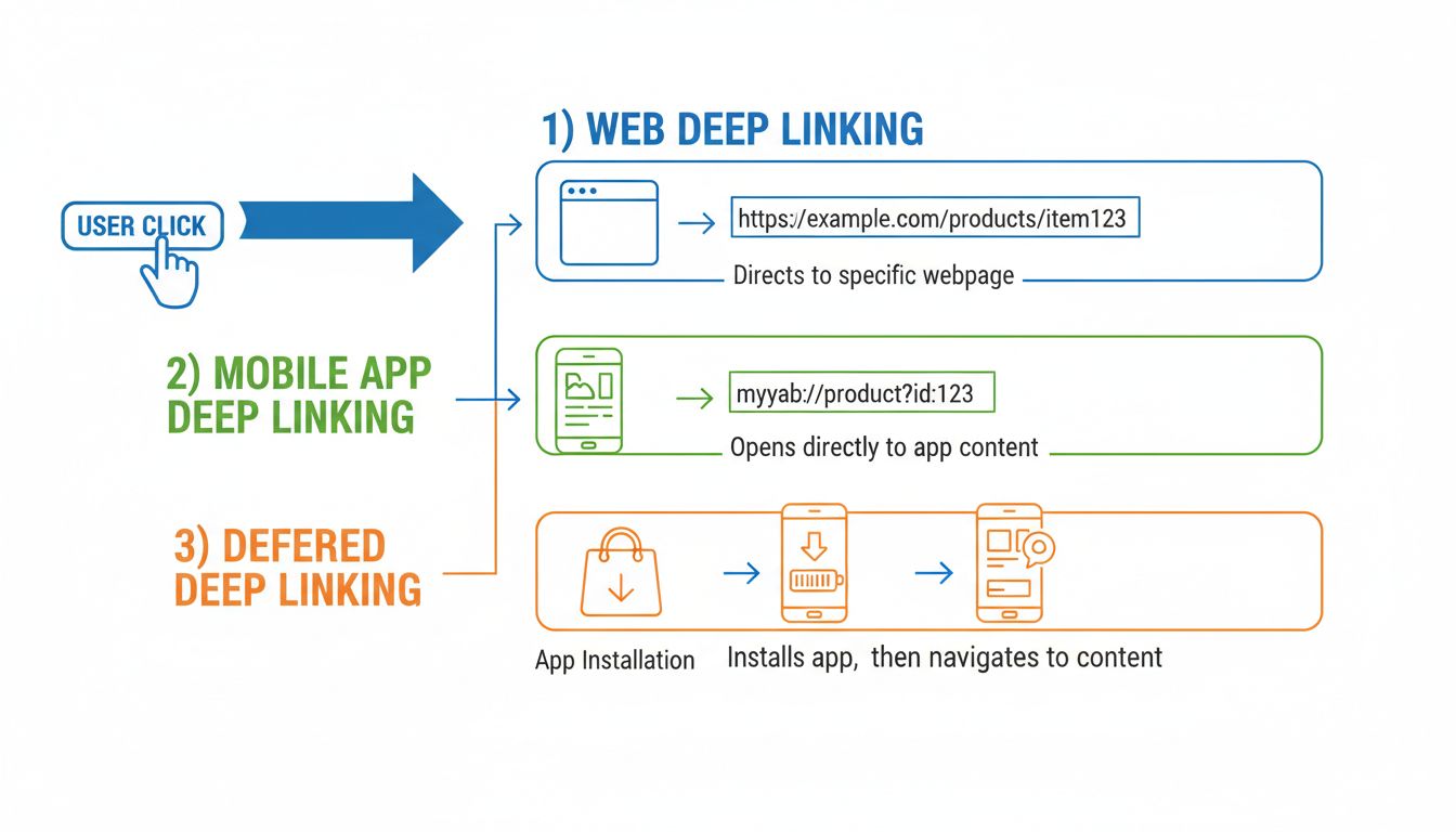 Diagrama de tipos de deep linking que muestra flujos de deep linking web, en apps móviles y deep linking diferido