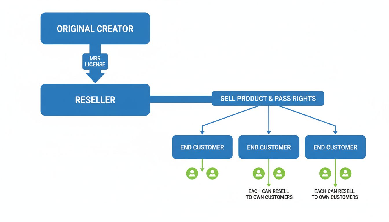 Master Resale Rights distribution flow chart showing original creator, reseller, and end customers