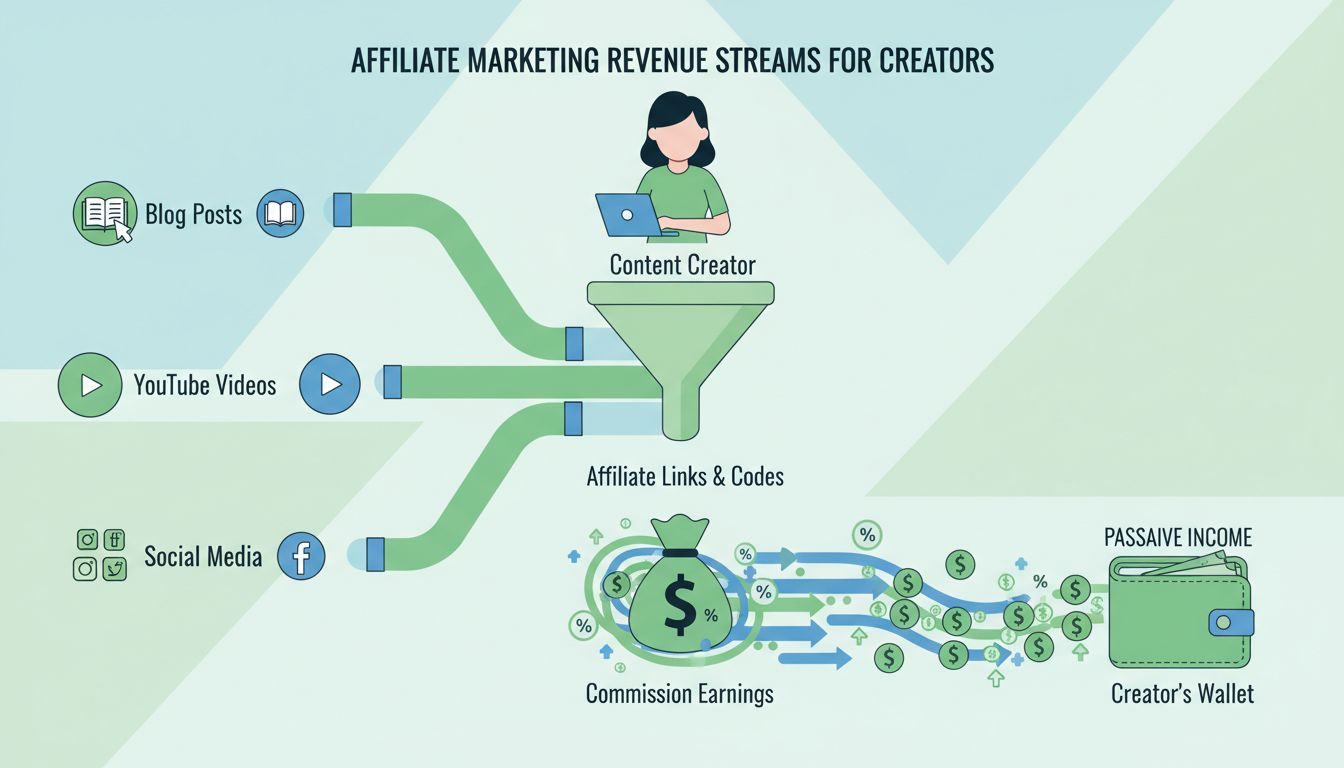 Content creator earning passive income through affiliate marketing with multiple revenue streams