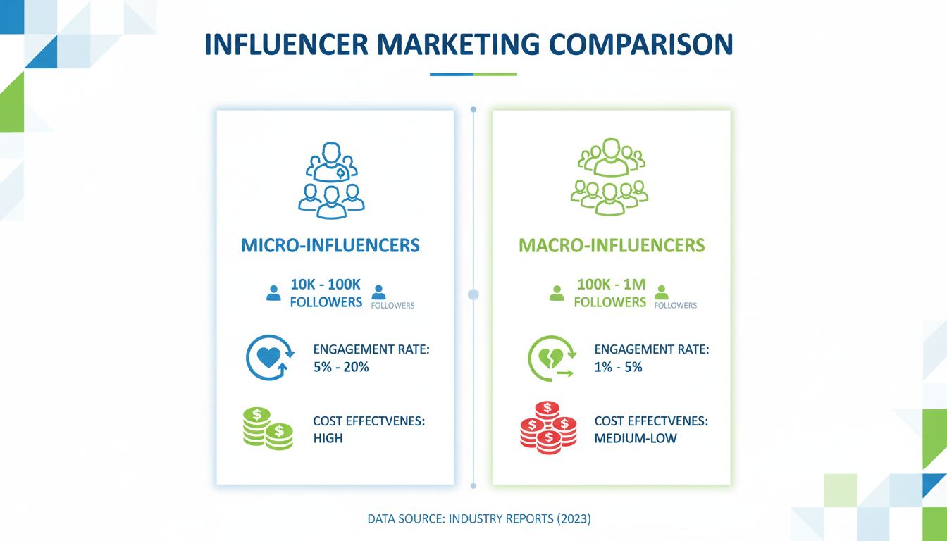 Comparación entre microinfluencer y macroinfluencer mostrando número de seguidores, tasas de engagement y rentabilidad