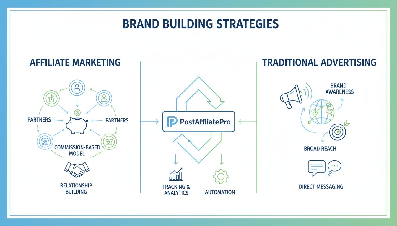 Diagrama comparativo de marketing de afiliados vs publicidad para construcción de marca mostrando alianzas en red, modelos de comisión y estrategias de reconocimiento de marca