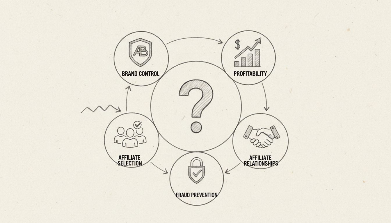 Infografía que muestra los cinco principales desafíos de los programas de afiliados: Control de Marca, Selección de Afiliados, Rentabilidad, Relaciones con Afiliados y Prevención de Fraudes