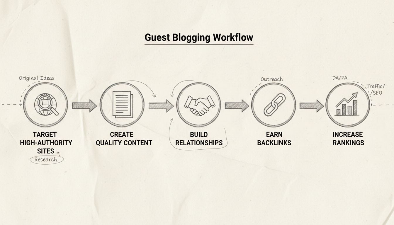 Flujo de estrategia de guest blogging que muestra cinco pasos: Apunta a sitios de alta autoridad, crea contenido de calidad, construye relaciones, consigue backlinks e incrementa rankings con flechas conectando los pasos