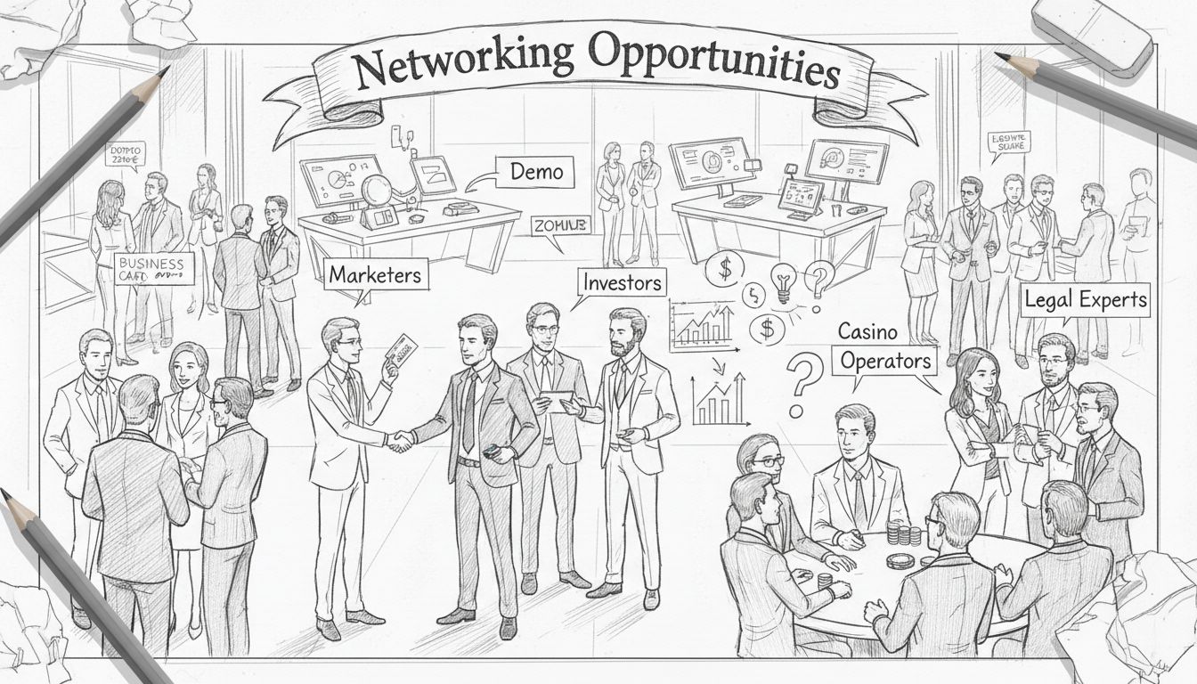 Evento profesional de networking en zona demo con marketers, operadores de casinos, inversores y expertos legales intercambiando tarjetas y conversando sobre oportunidades