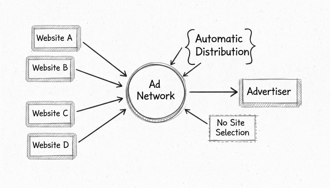 Diagrama de Run of Network que muestra al anunciante conectándose a la red publicitaria que distribuye anuncios en varios sitios web