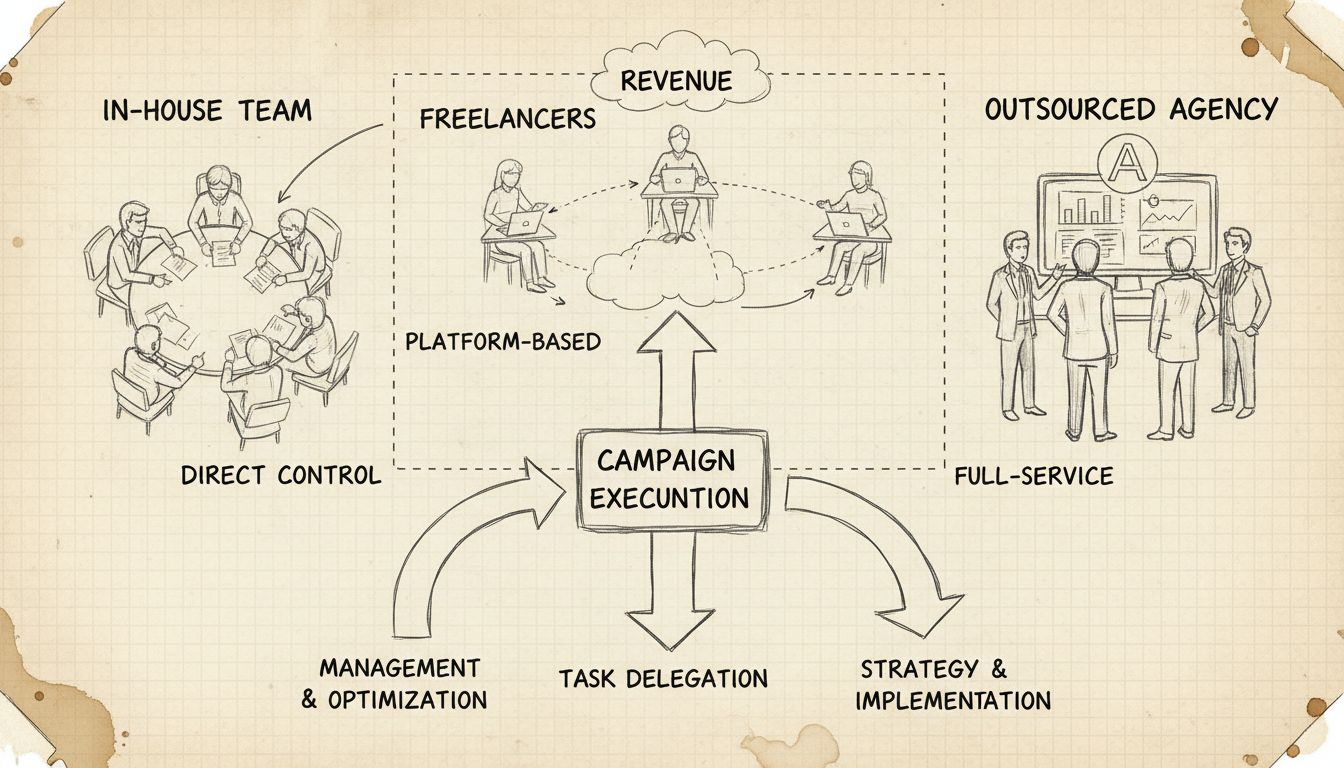 Tres enfoques para organizar campañas de crowd marketing: equipo interno, freelancers y agencia externa con diagramas de flujo de trabajo