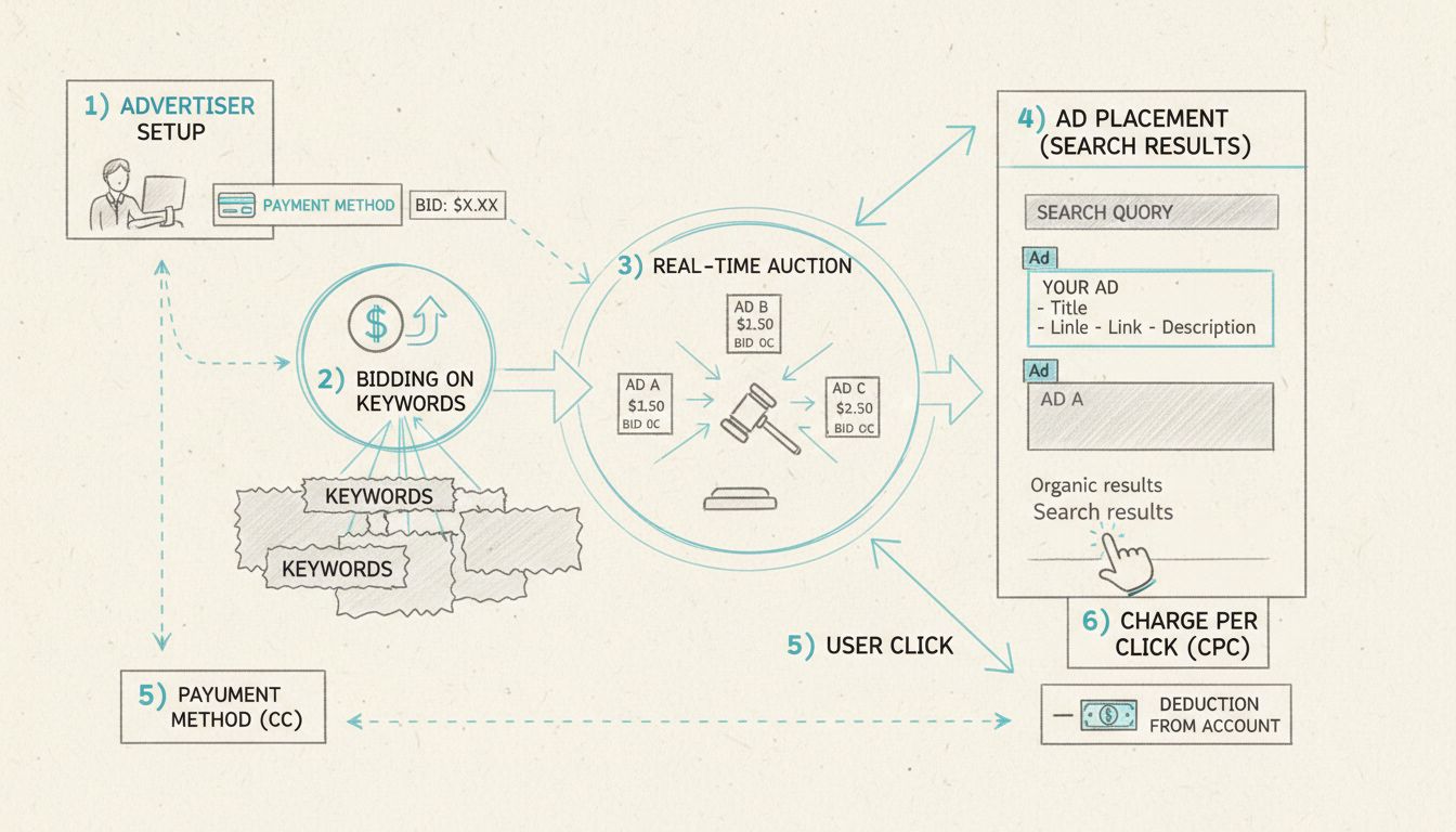 Diagrama de flujo del modelo de pago en búsqueda de pago mostrando la configuración de la cuenta, la puja por palabras clave, el proceso de subasta, la colocación de anuncios y el cobro por costo por clic