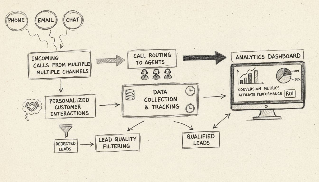 Diagrama del flujo de trabajo de un software de call center mostrando llamadas entrantes, enrutamiento, recopilación de datos, análisis e interacciones personalizadas