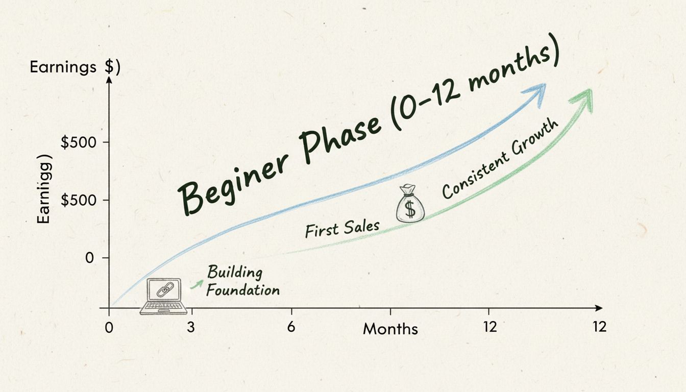 Gráfico de progreso de ingresos de un afiliado principiante mostrando el crecimiento de $0 a $1000 durante 12 meses