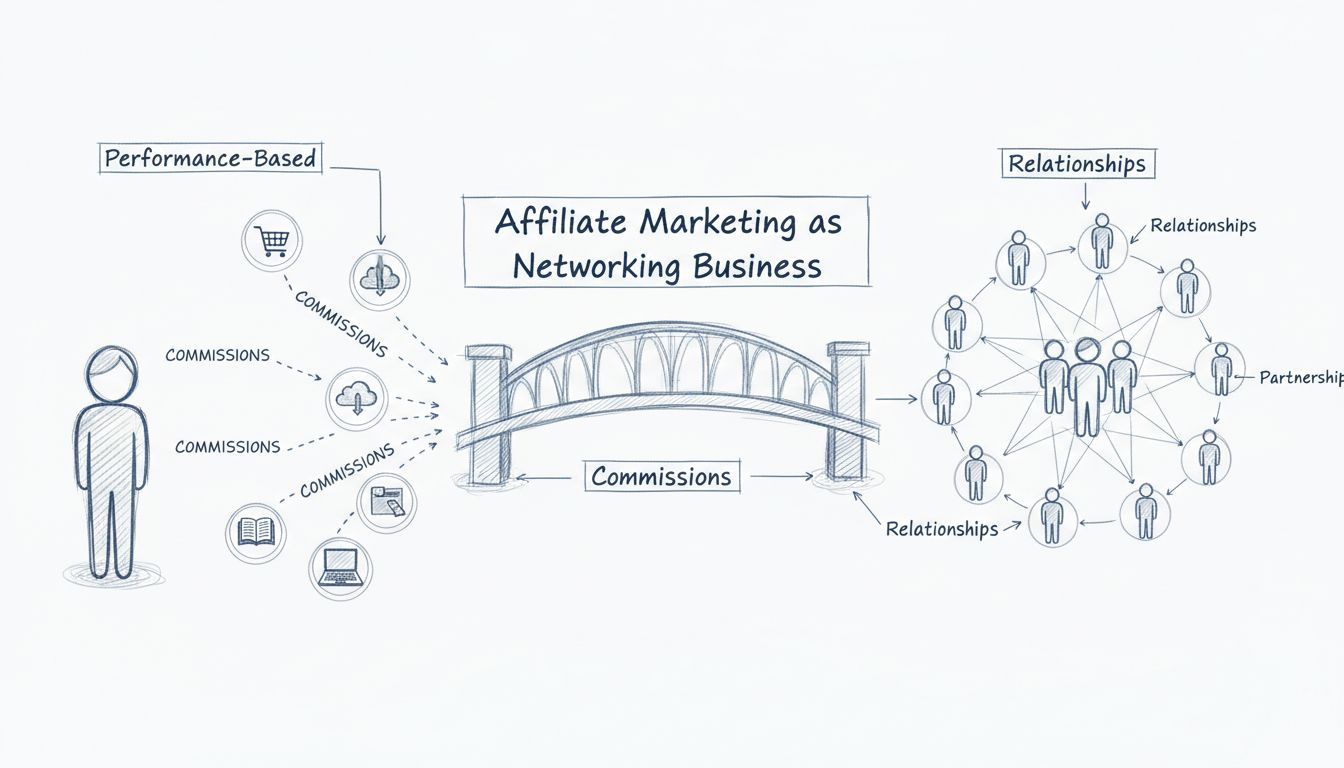 Diagrama hecho a mano que muestra las relaciones de networking y conexiones en el marketing de afiliados