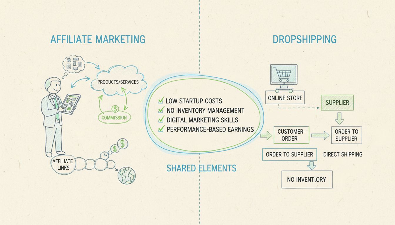 Diagrama comparativo de los modelos de negocio de marketing de afiliados y dropshipping mostrando elementos compartidos como bajos costos iniciales, sin gestión de inventario, habilidades de marketing digital y ganancias basadas en rendimiento