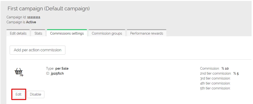 Configuración de comisión