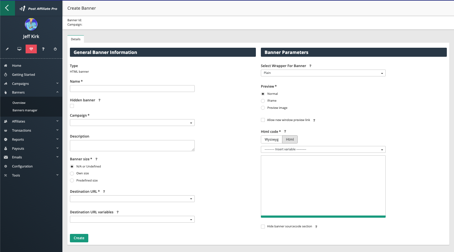 Post Affiliate Pro - Página de creación de banners