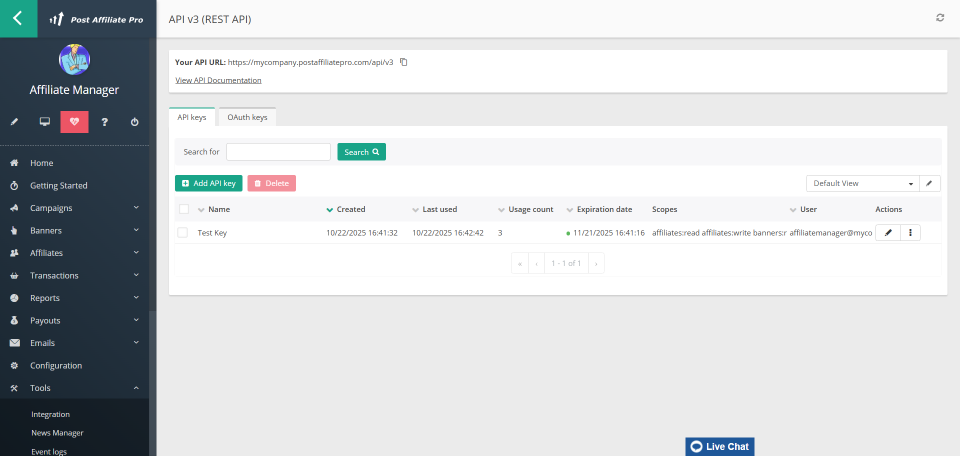 Pantalla de API v3 (REST API) de Post Affiliate Pro para generar una clave API