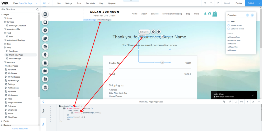 Captura de integración Wix