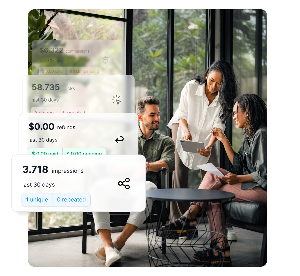Captura de pantalla del panel de Post Affiliate Pro con resumen general y métricas.