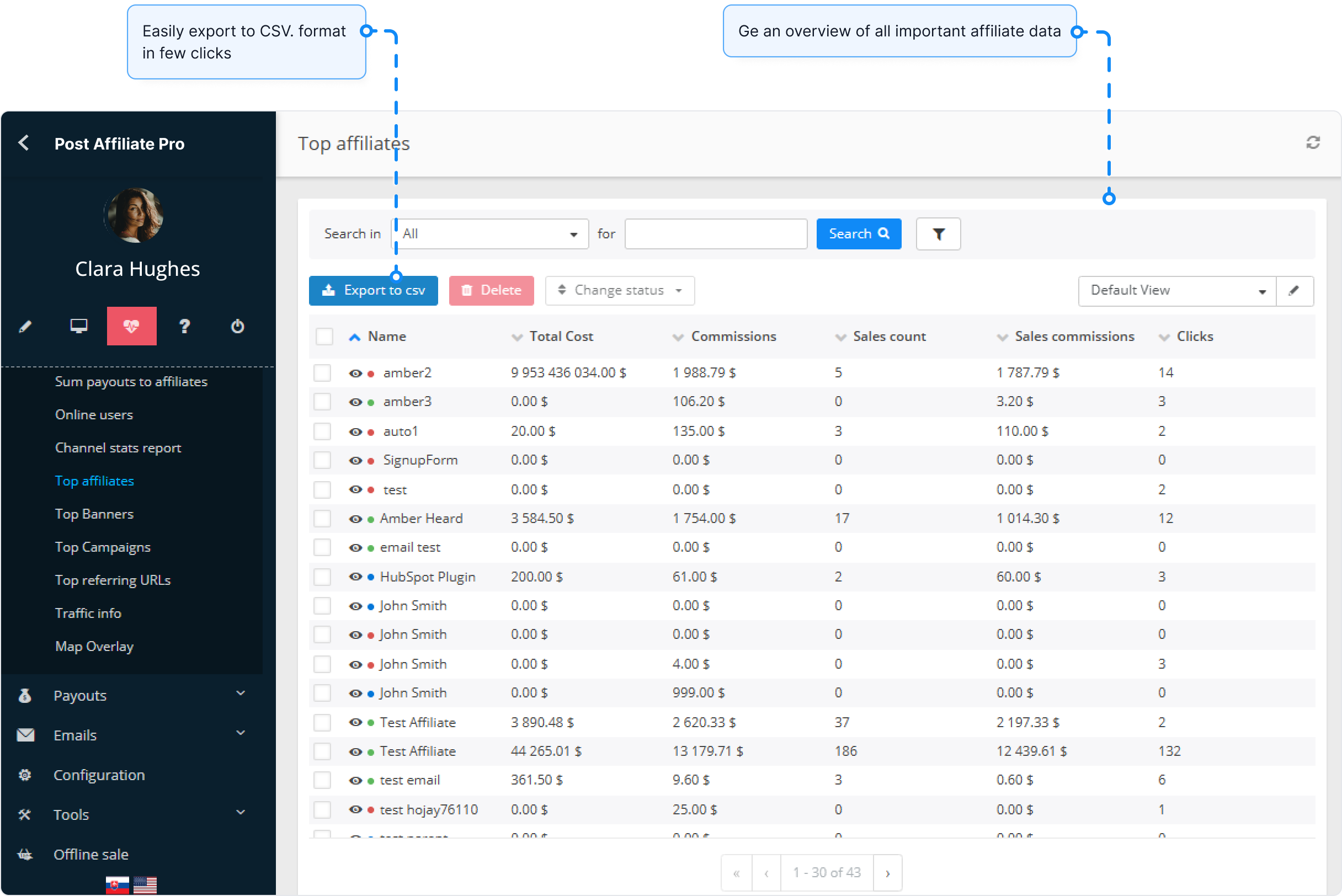 Resumen de la función de informes en Post Affiliate Pro.