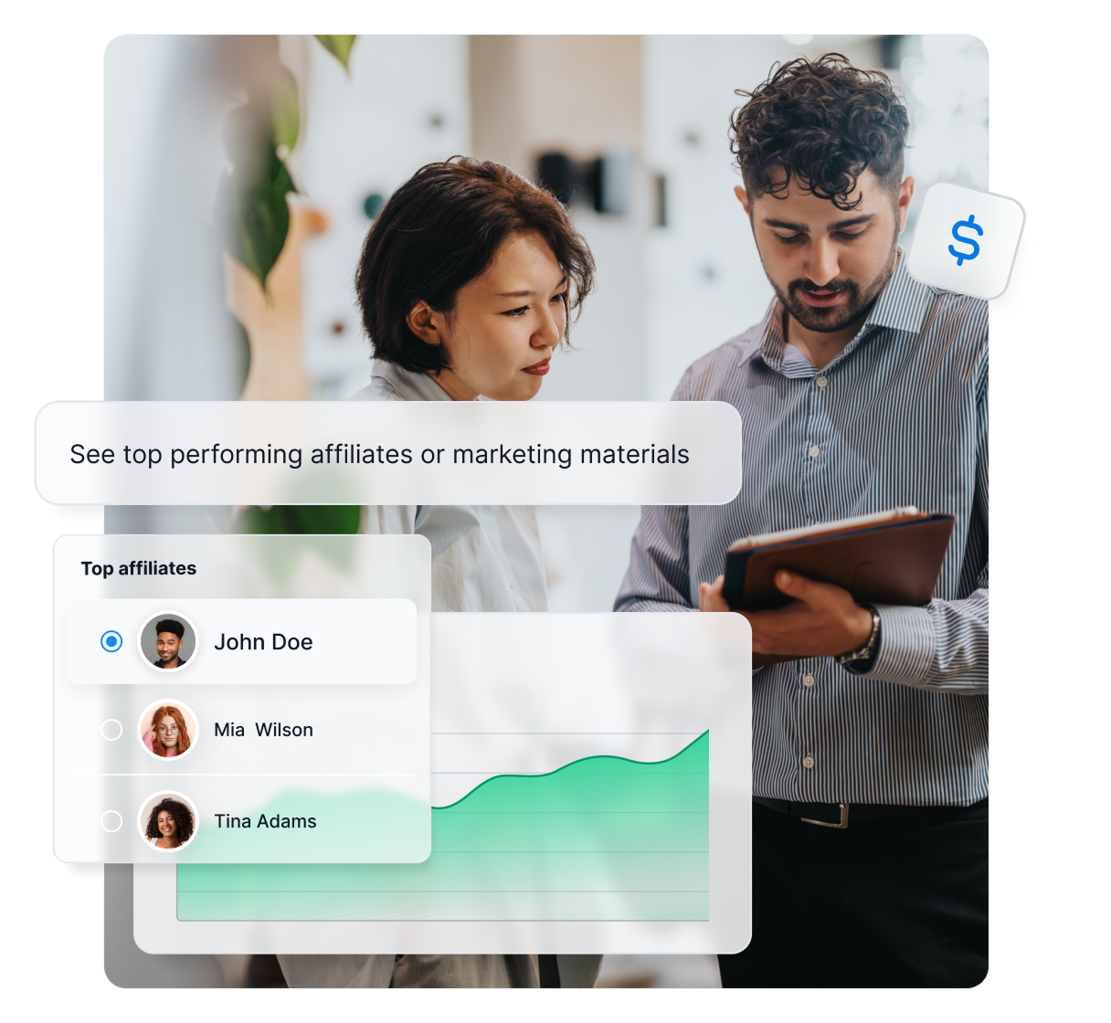 Función de informes de afiliados en Post Affiliate Pro mostrando los principales afiliados, el rendimiento de los banners y métricas de éxito de campañas.