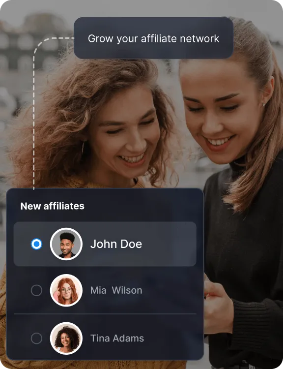 Una superposición de creador de contenido que muestra opciones para invitar afiliados y creadores, configurar estructuras de comisiones y aumentar el conocimiento a través de asociaciones.