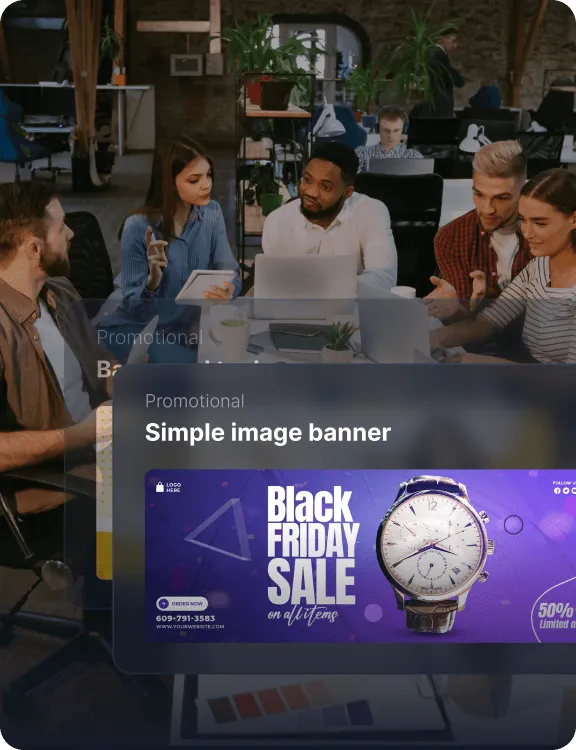 Una superposición de materiales promocionales que muestra un banner de imagen personalizado para una oferta de Black Friday.