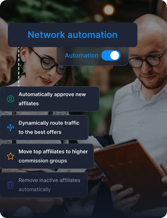 Una superposición de tecnologías y plataformas de software que muestra interruptores de automatización para tareas de marketing, bonificaciones e informes de afiliados.