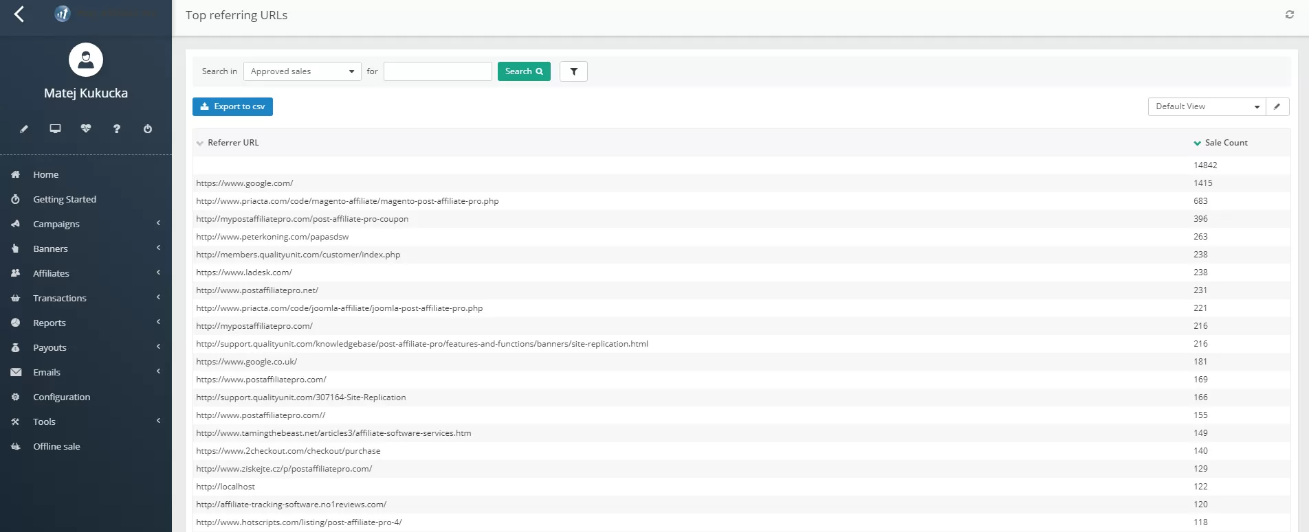 Captura de pantalla del informe de mejores URLs en Post Affiliate Pro