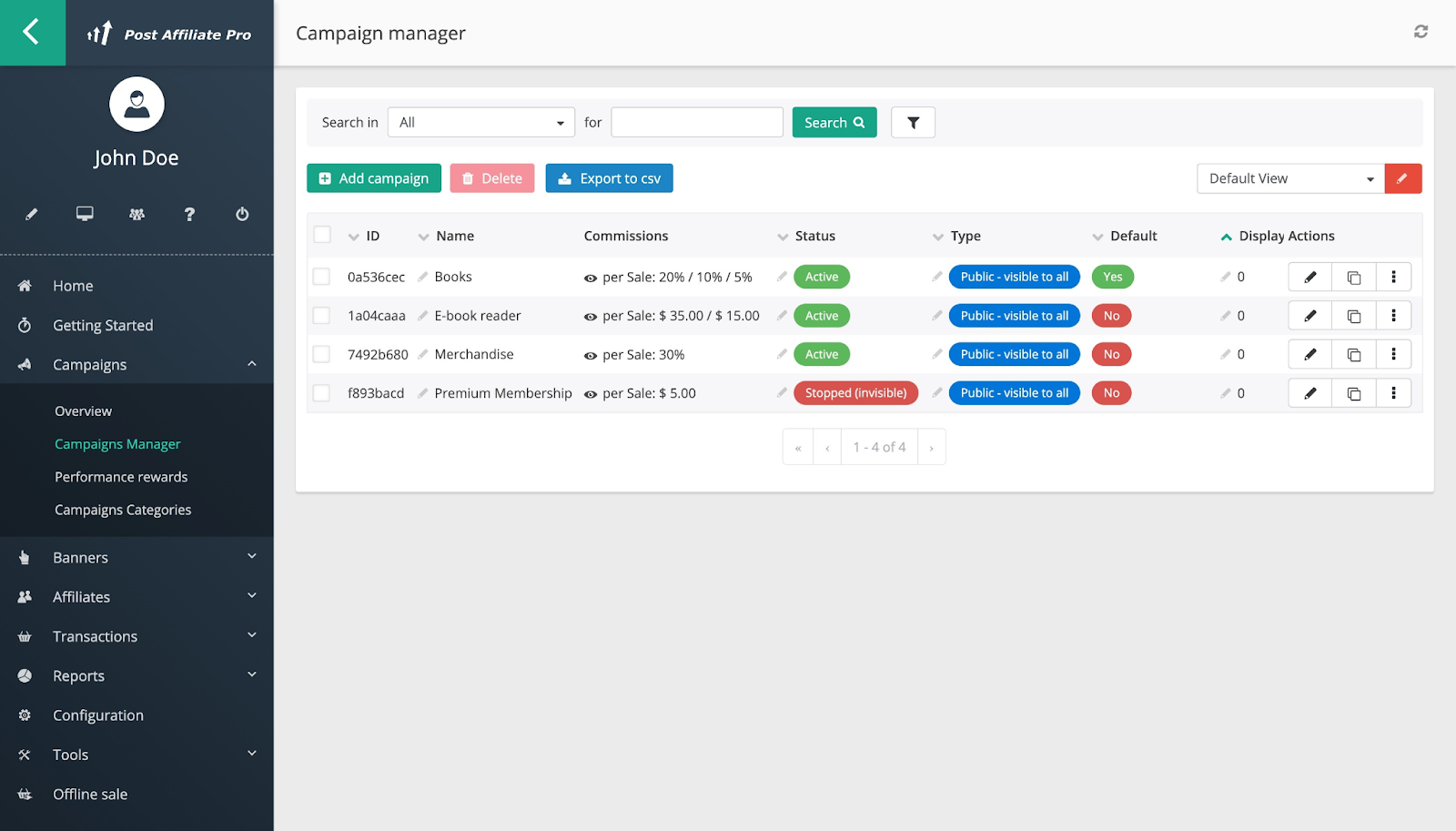 Post Affiliate Pro también te permite rastrear y gestionar fácilmente tus campañas con la función Campaign manager