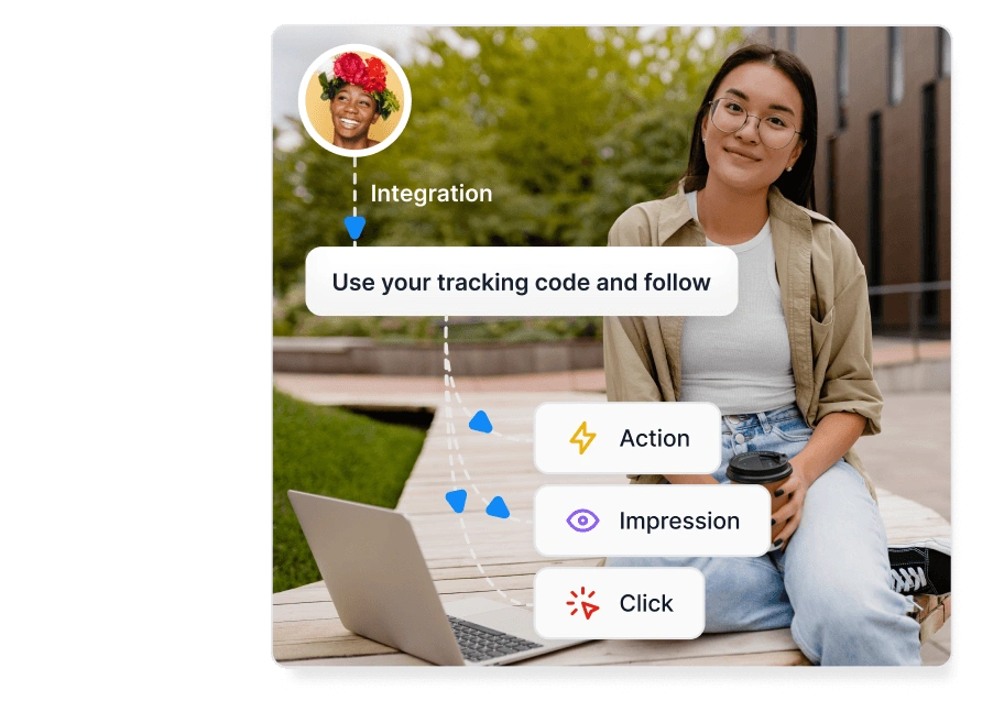 Imagen de stock de una mujer hablando por teléfono, junto a una ilustración simple que muestra cómo funciona Post Affiliate Pro, junto con varias insignias de premios.