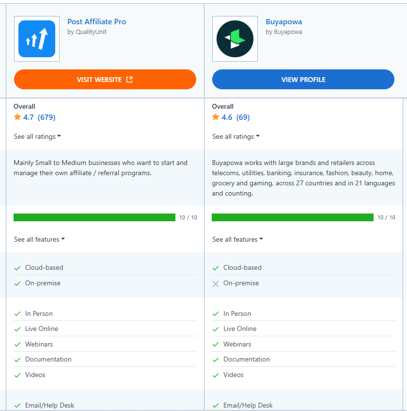 Comparación de características entre Post Affiliate Pro y Buyapowa.