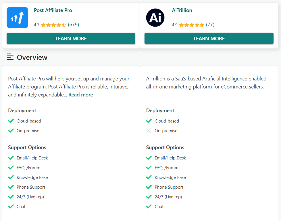 Post Affiliate Pro vs AiTrillion comparación de características en GetApp
