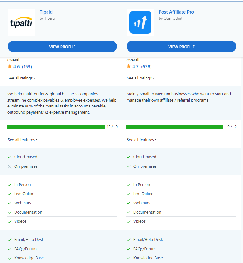 Comparación de características entre Post Affiliate Pro y Tipalti.