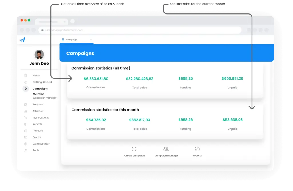 Una imagen que ilustra la visión general de campañas en Post Affiliate Pro.