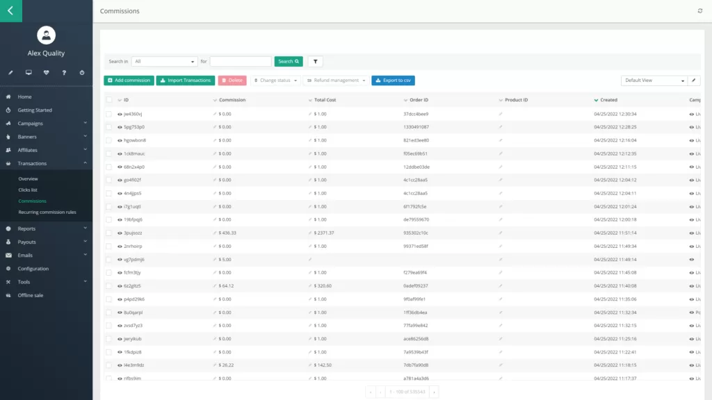 Un gráfico que muestra el panel de comisiones en Post Affiliate Pro.