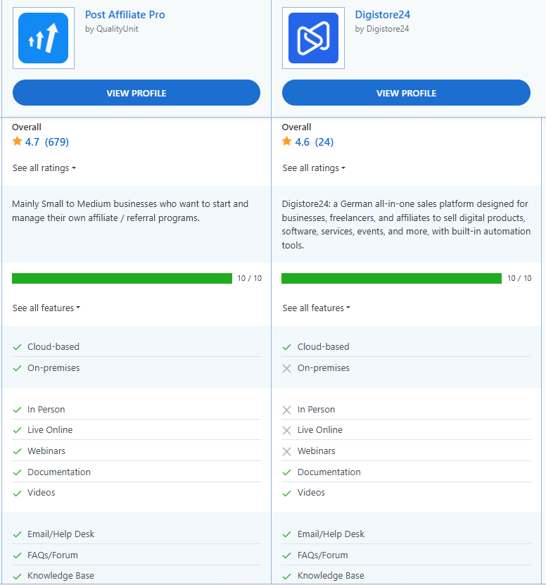 Comparación de características entre Post Affiliate Pro y Digistore24.